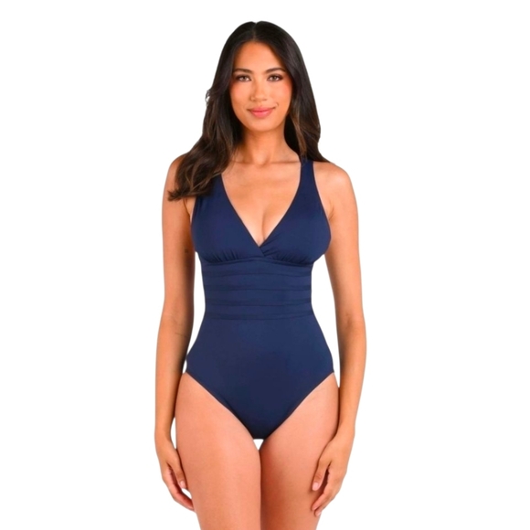 La Blanca Island Goddess Multi Strap Criss Cross One Piece Swimsuit Indigo Sz 14 - Picture 8 of 9
